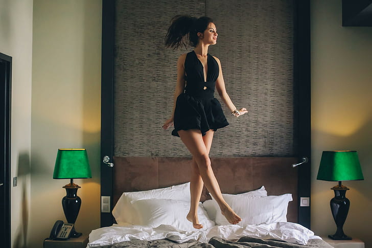 Aurela Skandaj, Women, Model, Bed, women's black sleeveless mini dress, HD wallpaper