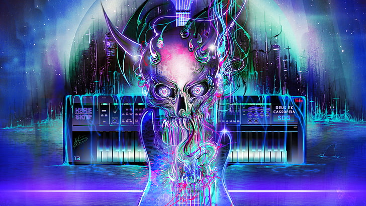 Ultraboss, synthwave, vaporwave, neon, neon glow, guitar, skull, HD wallpaper