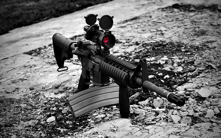 black rifle, selective coloring, M4A4, rifles, weapon, day, toy, HD wallpaper
