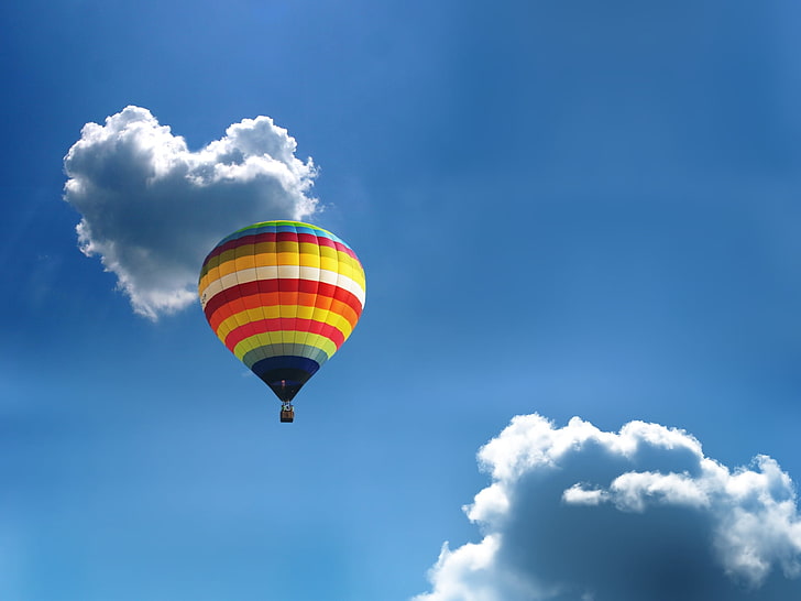 sky, hot air balloons, clouds, heart, cloud - sky, flying, mid-air, HD wallpaper