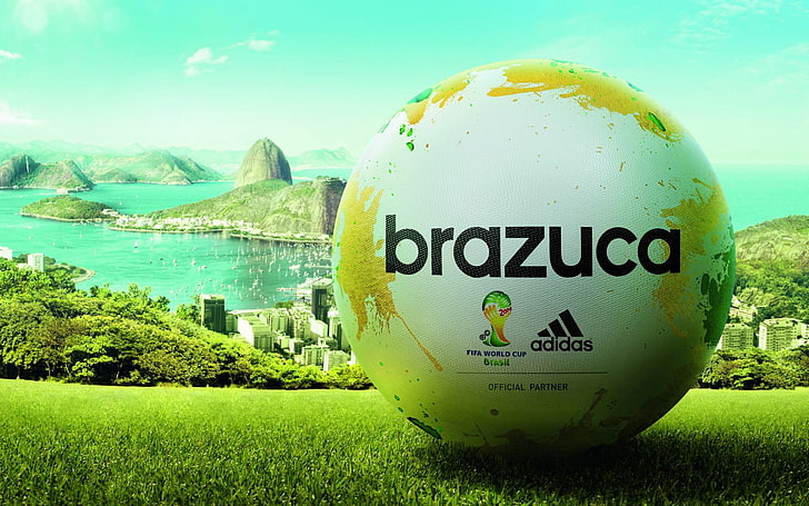 white adidas brazuca wallpaper, soccer ball, water, nature, text