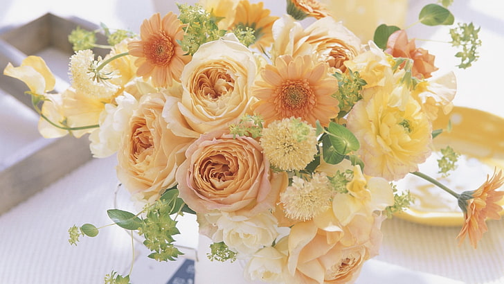 orange and yellow petaled flowers bouquet, roses, gerbera, vase
