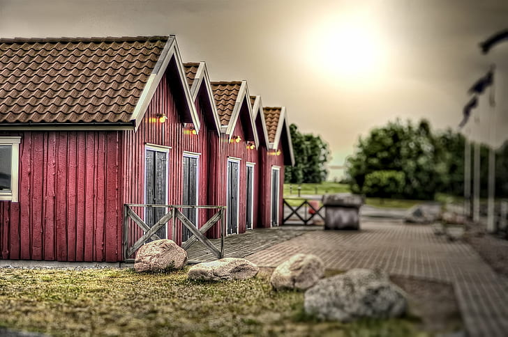 five red wooden barn houses, hdr, nikon  d300, volvo, göteborg, HD wallpaper