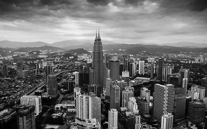 city, Petronas Towers, monochrome, Kuala Lumpur, aerial view