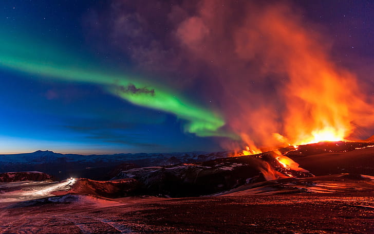 Fimmvorduhals, Iceland, mountains, volcanic eruption, northern lights, HD wallpaper