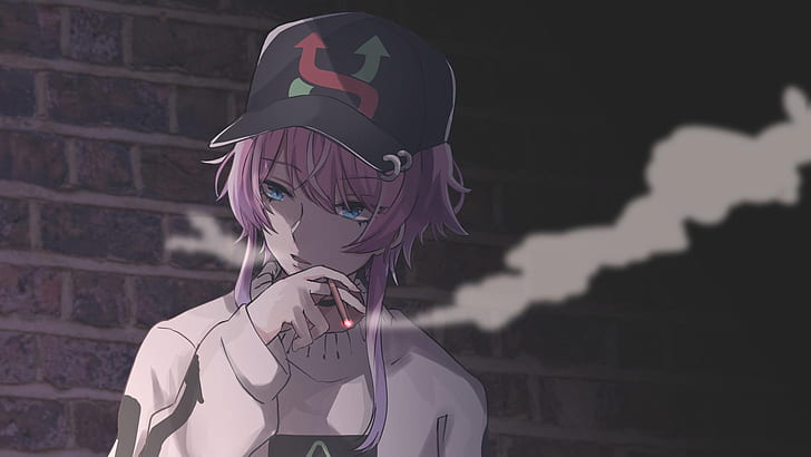 Anime, Hypnosis Mic, Blue Eyes, Cap, Pink Hair, Smoking