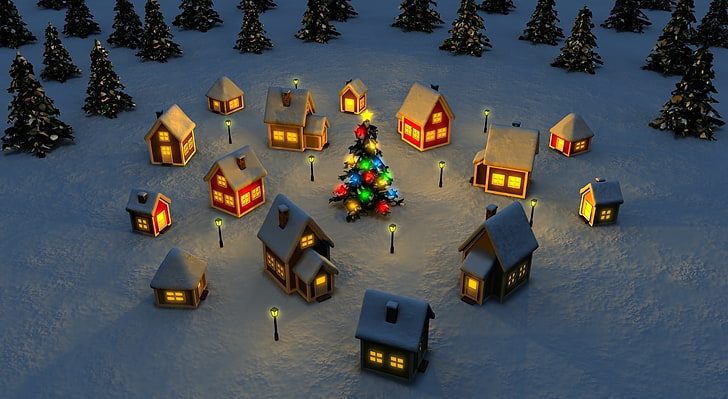 Christmas Village, snow village decor, Holidays, colorful, trees