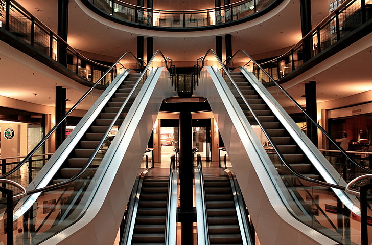 building, commercial building, escalators, mall, shopping center, HD wallpaper