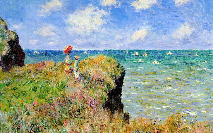 Classic Art, Claude Monet, cliff, France, painting, Parasol