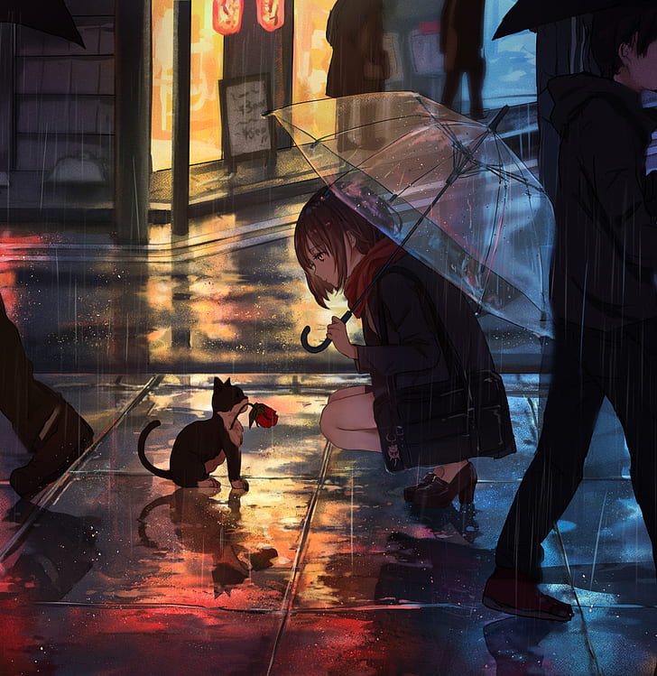 HD wallpaper: anime girls, cats, umbrella, urban, city, rain | Wallpaper  Flare
