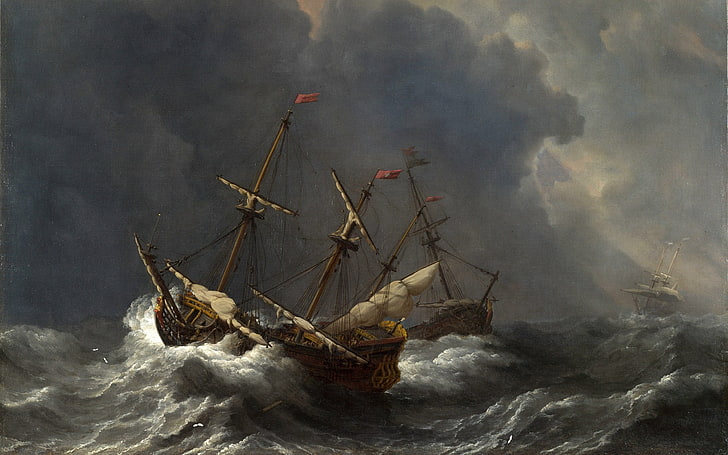 galleon ship painting, artwork, Willem van de Velde, nautical vessel
