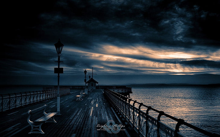 gray wooden dock under dark cloudy sky, landscape, pier, cloud - sky