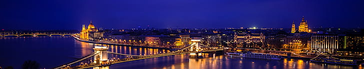 Hungary, Europe, city, night, gold, blue, river, lights, building, HD wallpaper