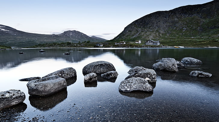 Jotunheimen Mountain Range In Norway, gray stones, Europe, Blue