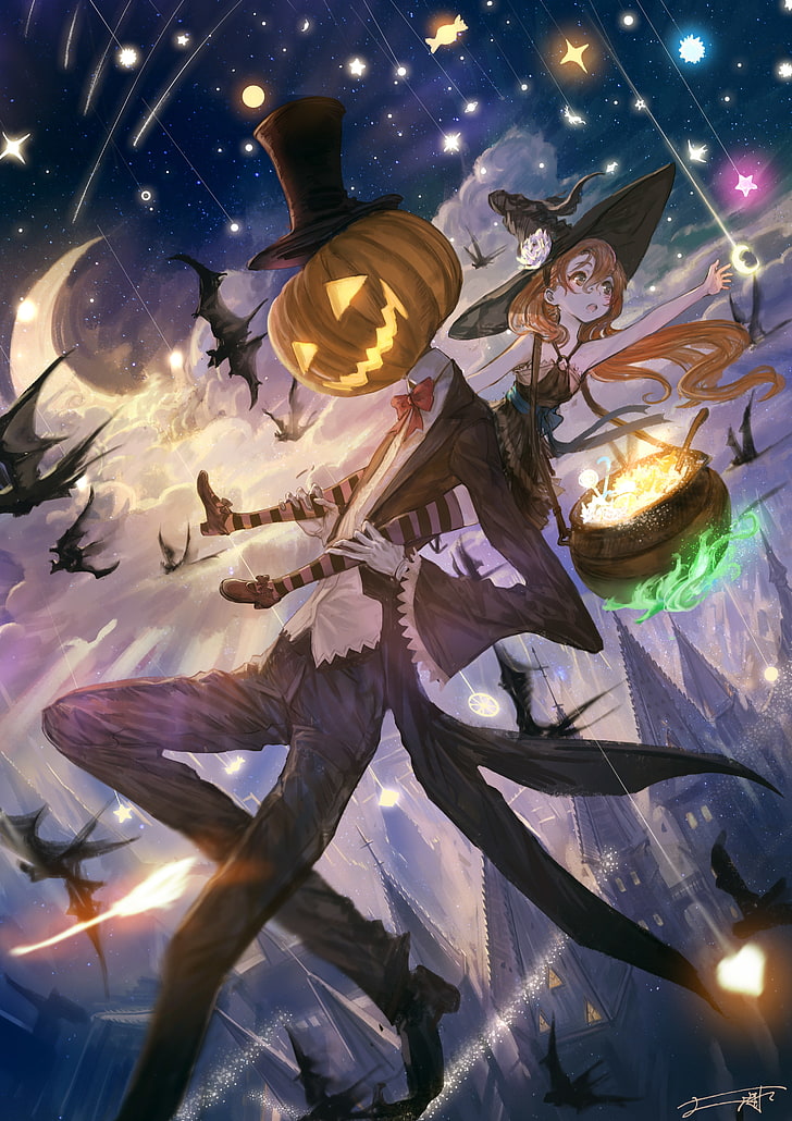 HD wallpaper: anime girl, halloween, sky, falling stars, illuminated, night  | Wallpaper Flare