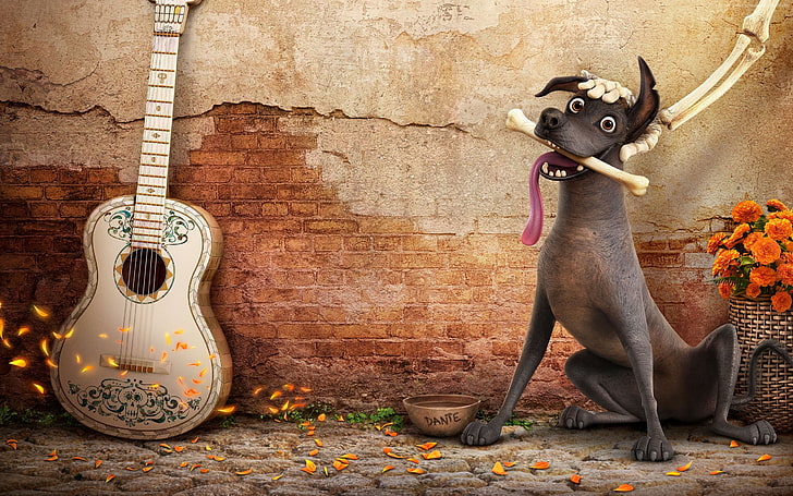 Coco, guitar, dog, best animation movies, wall - building feature, HD wallpaper