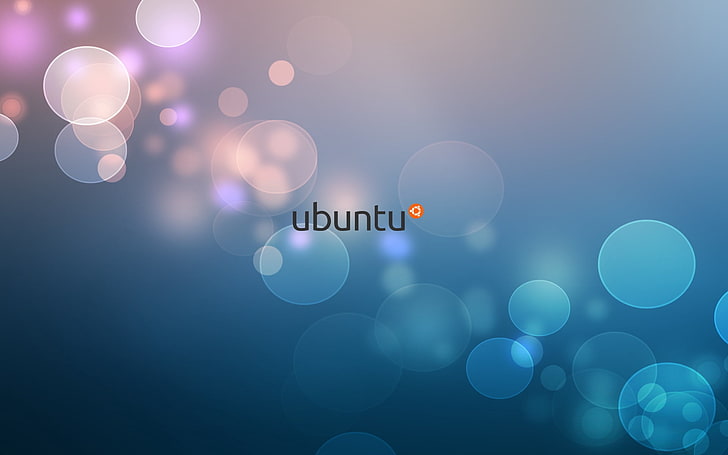 Ubuntu text on bokeh background, bubbles, linux, backgrounds