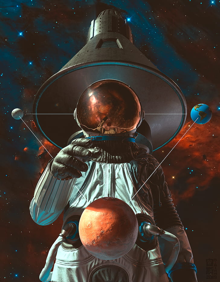 astronaut, galaxy, planet, satelites, space, space art, artwork, HD wallpaper