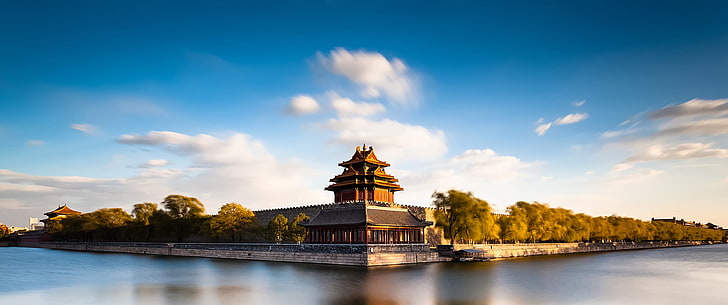 brown temple, ultrawide, China, photography, architecture, 21 x 9, HD wallpaper
