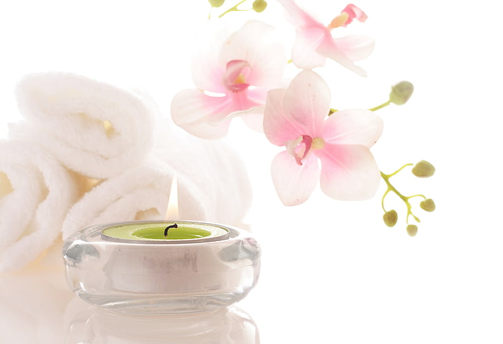 green candle, towel, Spa, pink Orchid, spa Treatment, relaxation, HD wallpaper