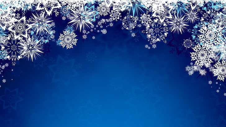 blue and white floral textile, vector, snowflakes, blue background, HD wallpaper