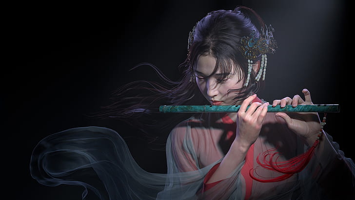 girl, art, flute, musician, Qi Sheng Luo, HD wallpaper