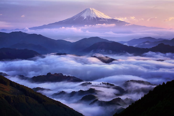 Japan, mist, clouds, Mount Fuji, HD wallpaper