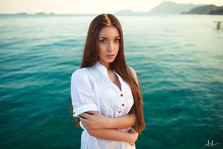 women, model, face, portrait, sea, Kirill Averyanov, white shirt, HD wallpaper