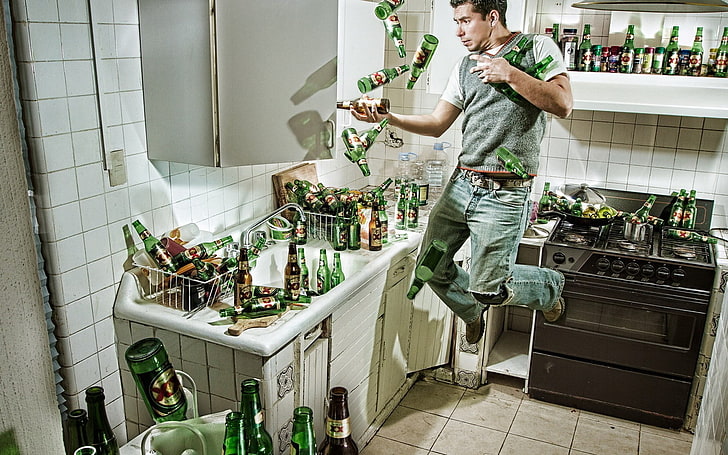 men's gray and white t-shirt, kitchen, beer, jumping, one person