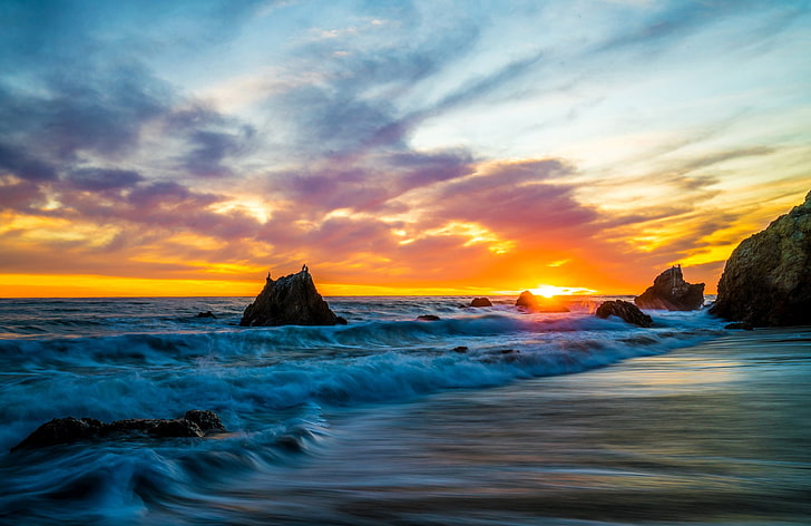 amanecer, mar, naturaleza, playa, sea, water, sky, sunset, beauty in nature, HD wallpaper
