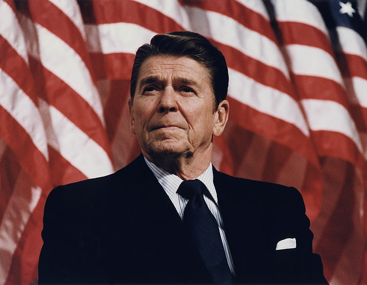 historic, history, Ronald Reagan, portrait, one person, flag