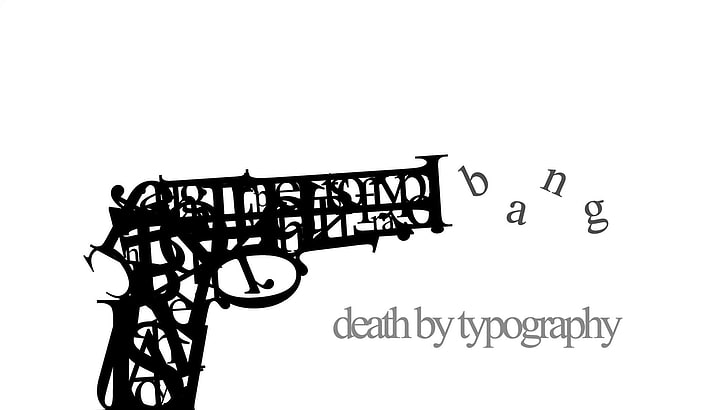 black pistol death by typography illustration, white, minimalism, HD wallpaper