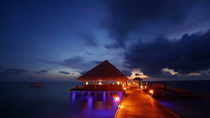 summer night, kanuhura, overwater bungalow, maldives, phenomenon, HD wallpaper