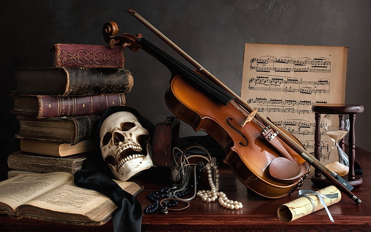 musical notes, skull, books, musical instrument, violin, publication, HD wallpaper