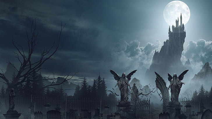fantasy art, night sky, castle, artwork, Moon, graveyards