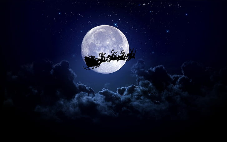 Moon, reindeer, clouds, Christmas sleigh, santa, Santa Claus, HD wallpaper