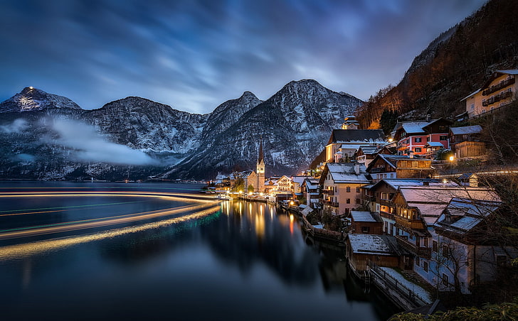 buildings by the river and mountains digital wallpaper, landscape