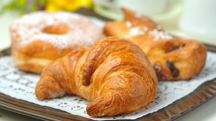Croissant bread, batch, donut, food, breakfast, pastry, baked