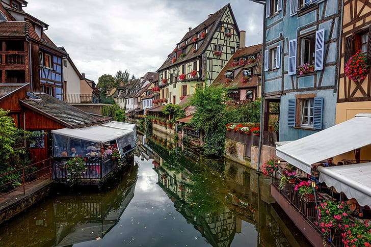 Colmar, France, flowers, blue brown and white painted houses
