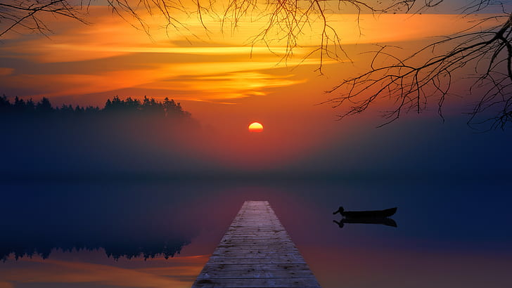 Johannes Plenio, mist, colorful, sunset, ports, lake, HD wallpaper