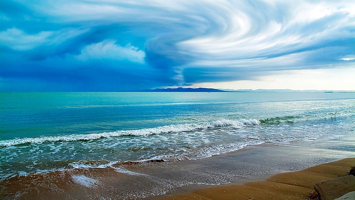 sea, clouds, beach, waves, water, land, cloud - sky, scenics - nature, HD wallpaper