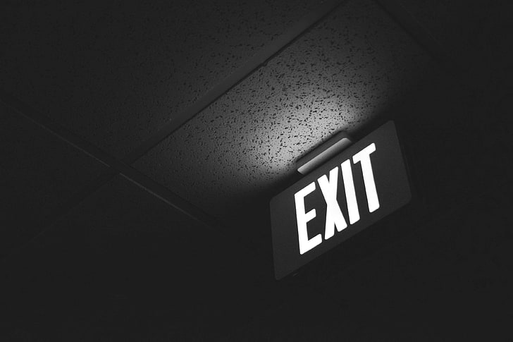 black and white, ceiling, exit, glowing, light, neon, office