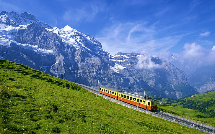 pociag gory tapety, tram, railway, alps, mountains, height, summer, HD wallpaper