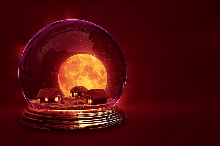 full moon and houses water globe, winter, snow, background, holiday, HD wallpaper