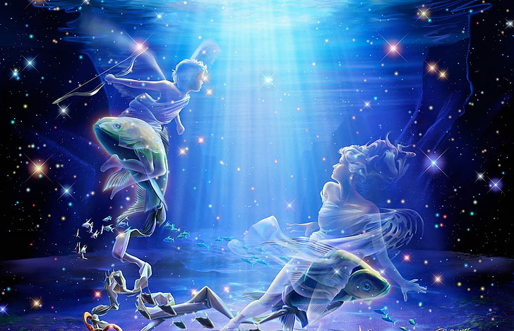 3D art of fairies, sea, girl, fish, guy, underwater world, under water, HD wallpaper