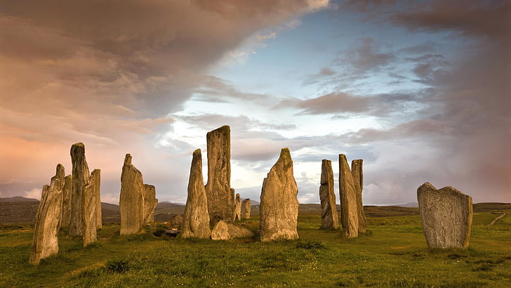rock monolith landmark, stones, blocks, plain, evening, stonehenge