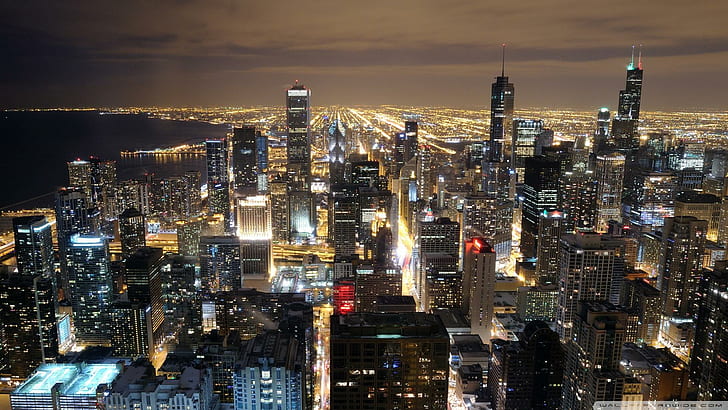 Beautiful Chicago Skyline At Night, lights, city, lake, skyscrapers, HD wallpaper