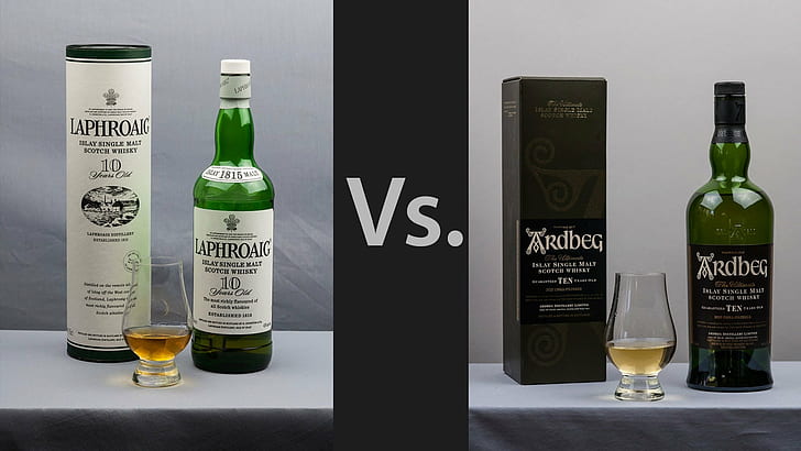 whisky, Ardbeg, alcohol, Laphroaig, bottles, drinking glass