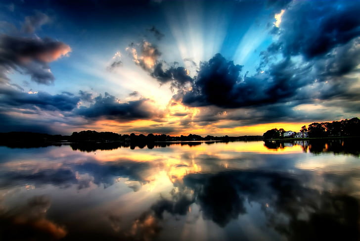 sunset, reflection, lake, clouds, calm waters