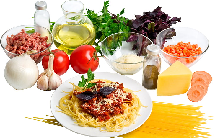 pasta spaghetti, sauce, vegetables, food, tomato, meal, dinner, HD wallpaper